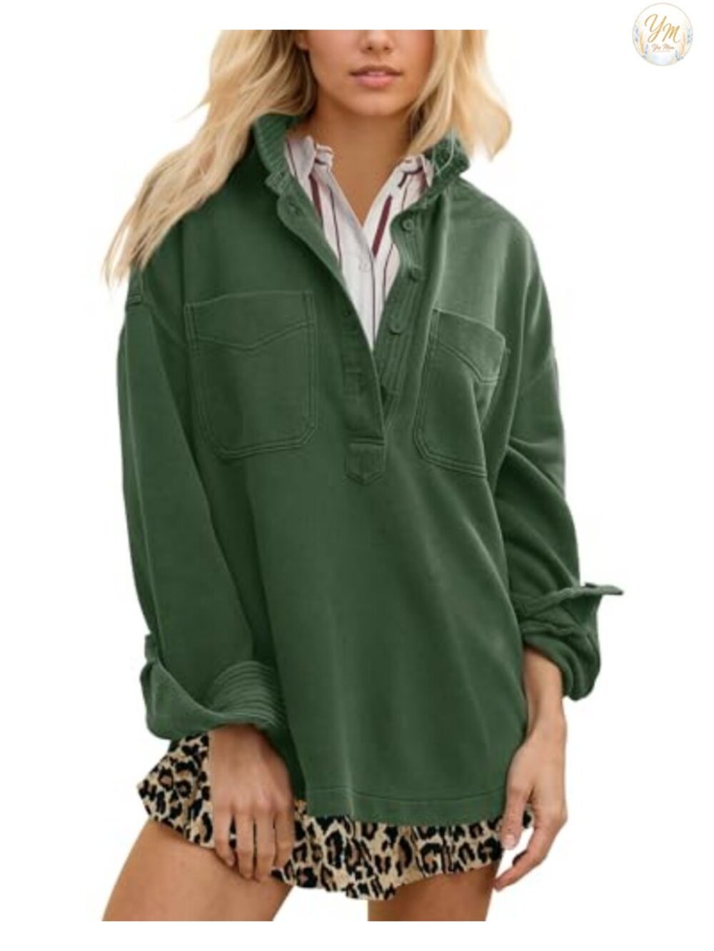 Women's Oversized Pullover Sweatshirt Cotton Polo Neck Long Sleeve